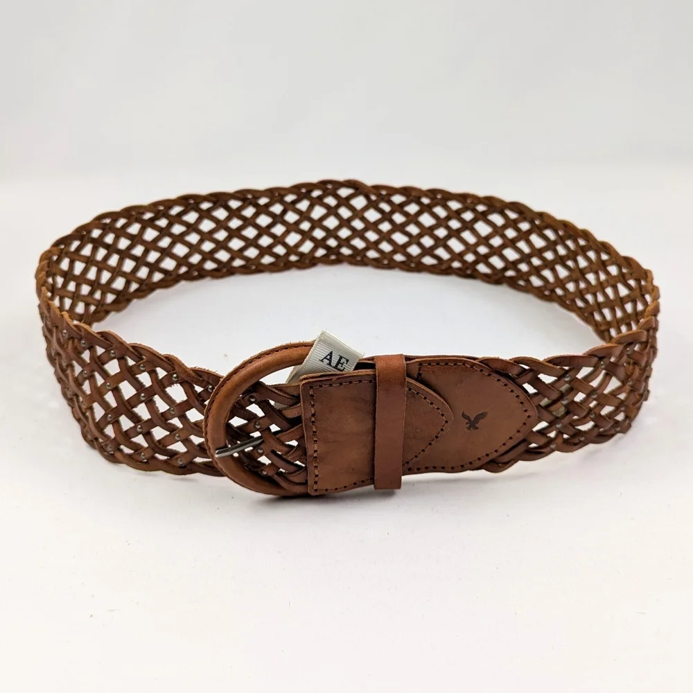 American Eagle Wide Leather Belt Woven Studded Braided Boho Cognac Brown S/M NWT